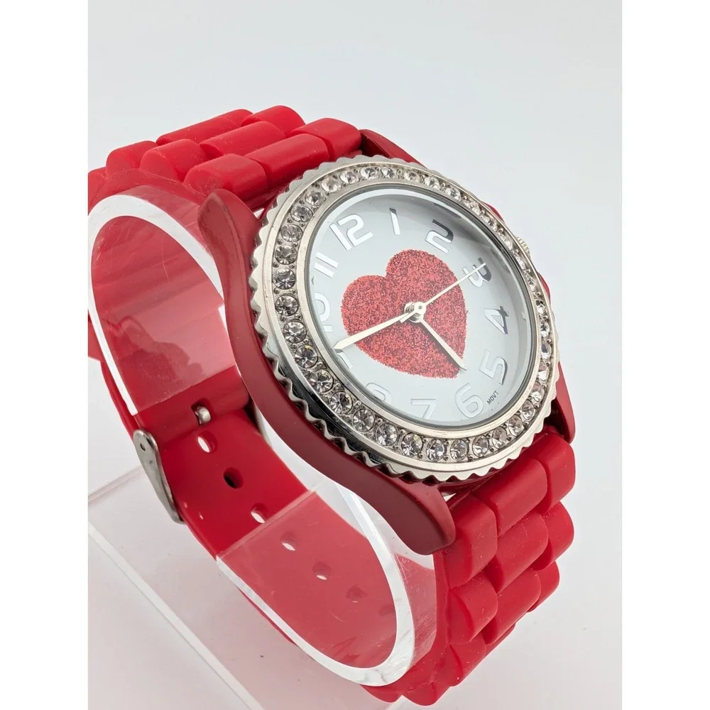 Geneva Platinum Heart Dial Watch Women 38mm Case Red Silicone‎ Band- New Battery